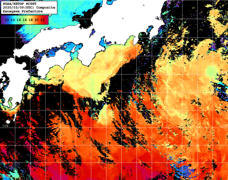 NOAA、MetOp 人工衛星画像 検索結果, 水温分布を図示