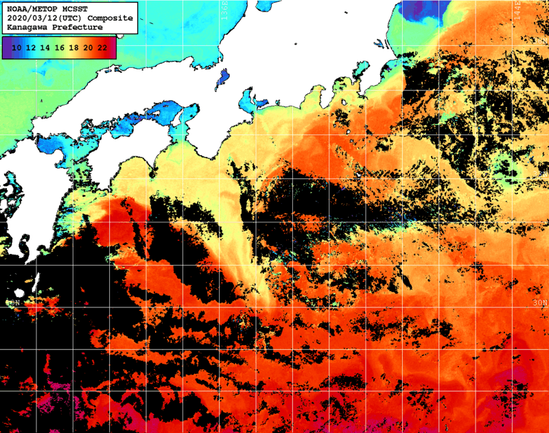 NOAA、MetOp 人工衛星画像 検索結果, 水温分布を図示