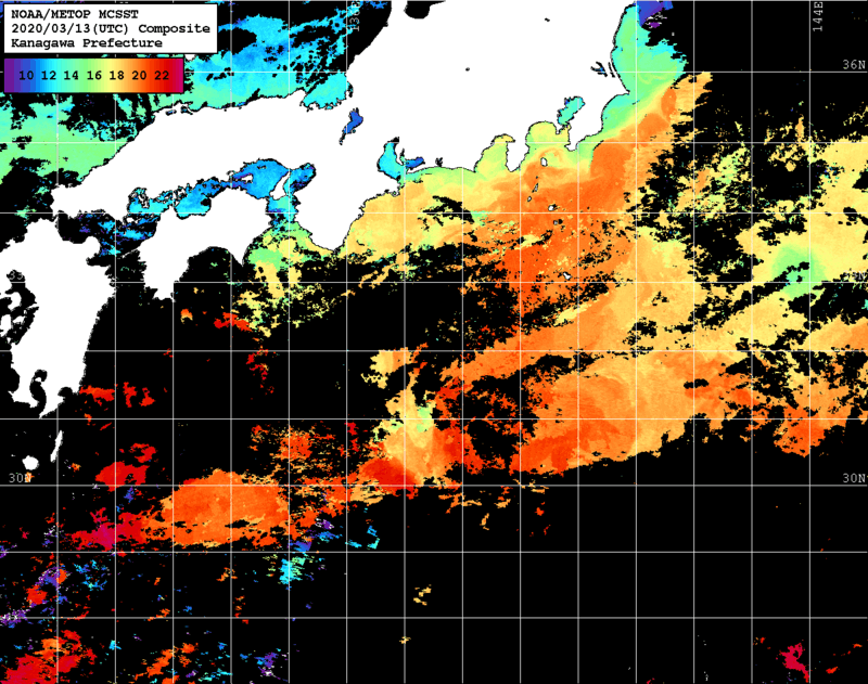 NOAA、MetOp 人工衛星画像 検索結果, 水温分布を図示