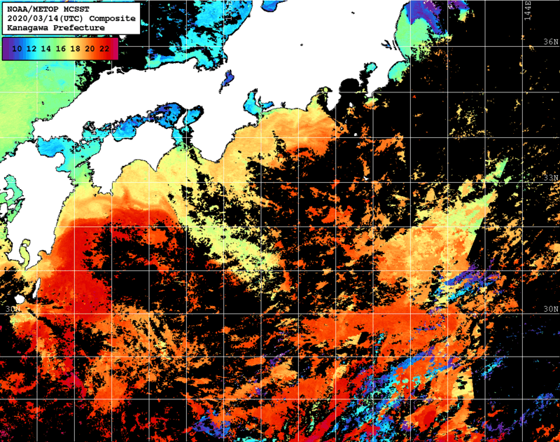 NOAA、MetOp 人工衛星画像 検索結果, 水温分布を図示