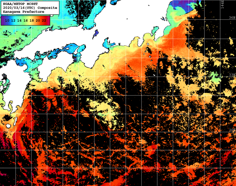 NOAA、MetOp 人工衛星画像 検索結果, 水温分布を図示