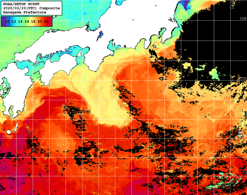 NOAA、MetOp 人工衛星画像 検索結果, 水温分布を図示