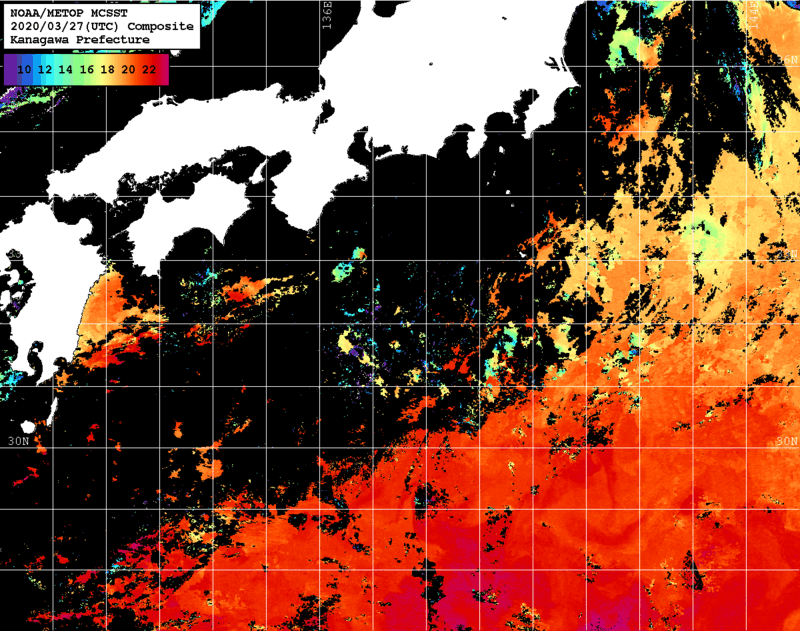 NOAA、MetOp 人工衛星画像 検索結果, 水温分布を図示