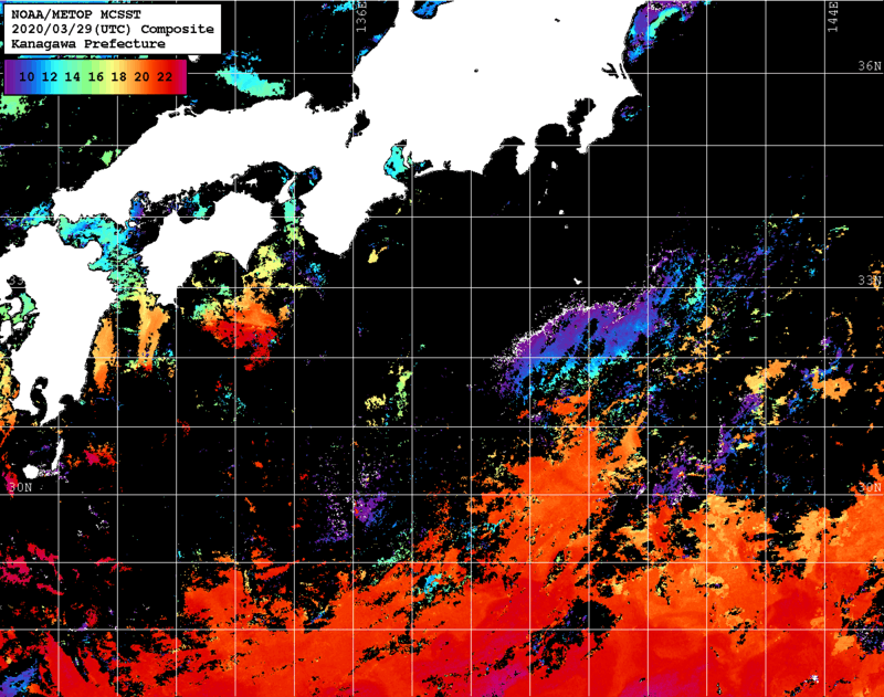 NOAA、MetOp 人工衛星画像 検索結果, 水温分布を図示