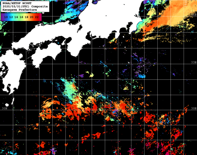 NOAA、MetOp 人工衛星画像 検索結果, 水温分布を図示