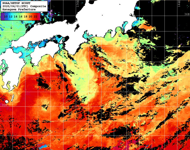 NOAA、MetOp 人工衛星画像 検索結果, 水温分布を図示