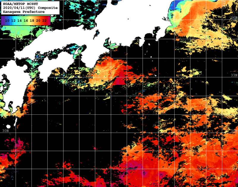 NOAA、MetOp 人工衛星画像 検索結果, 水温分布を図示