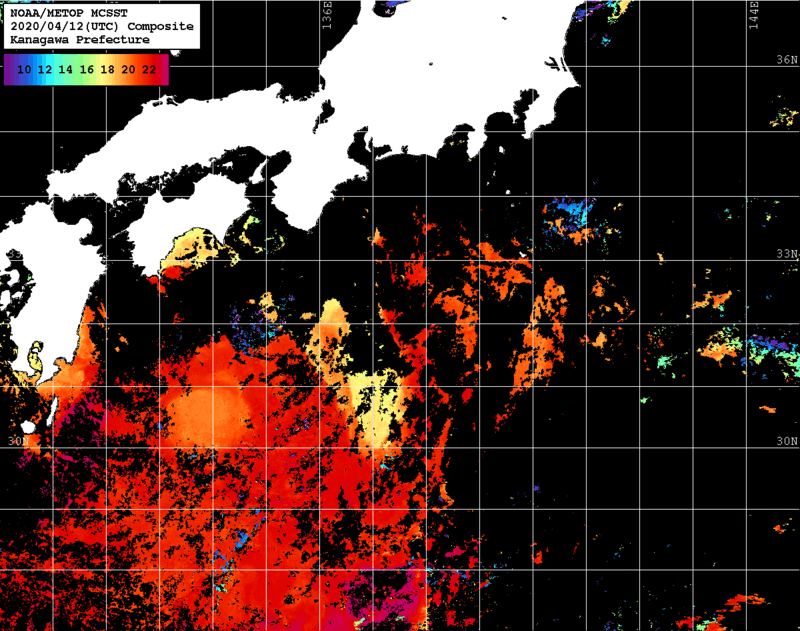NOAA、MetOp 人工衛星画像 検索結果, 水温分布を図示