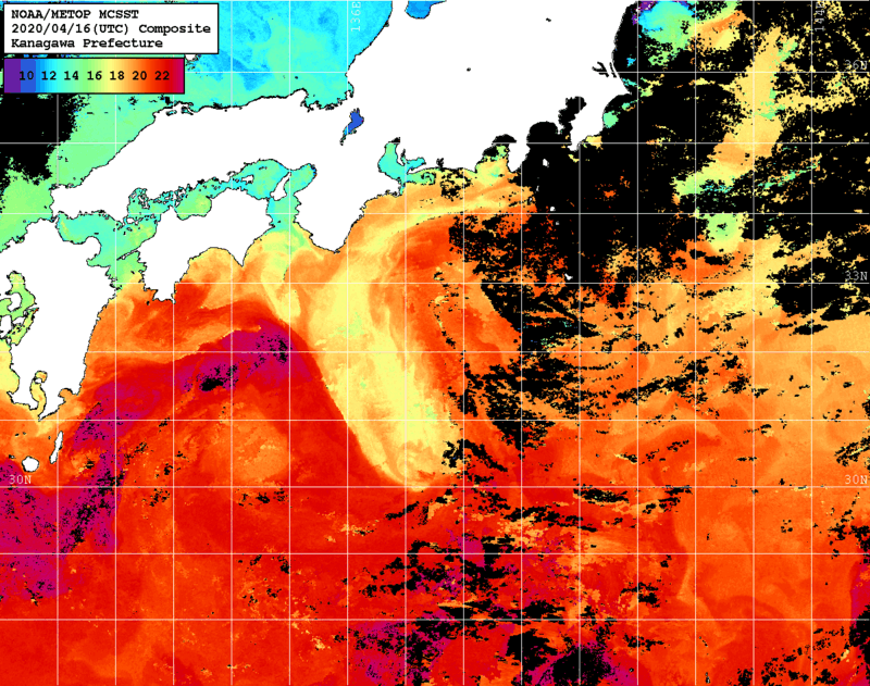 NOAA、MetOp 人工衛星画像 検索結果, 水温分布を図示