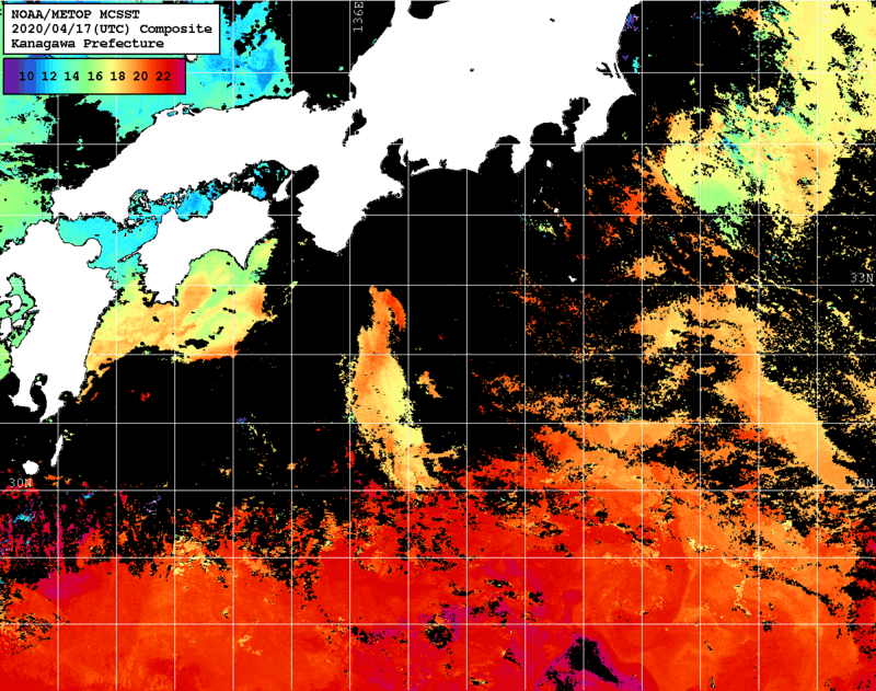 NOAA、MetOp 人工衛星画像 検索結果, 水温分布を図示