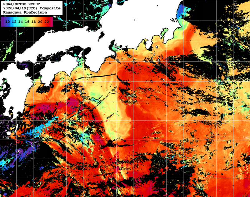 NOAA、MetOp 人工衛星画像 検索結果, 水温分布を図示