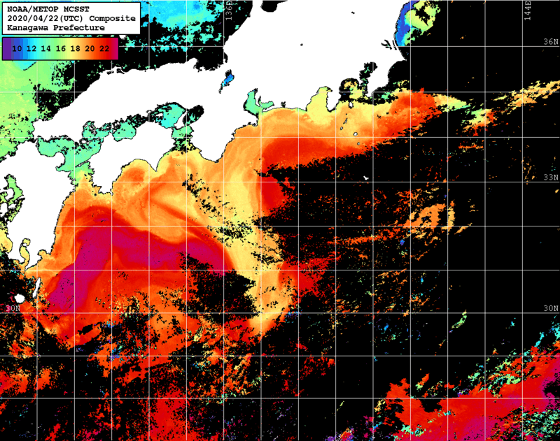 NOAA、MetOp 人工衛星画像 検索結果, 水温分布を図示