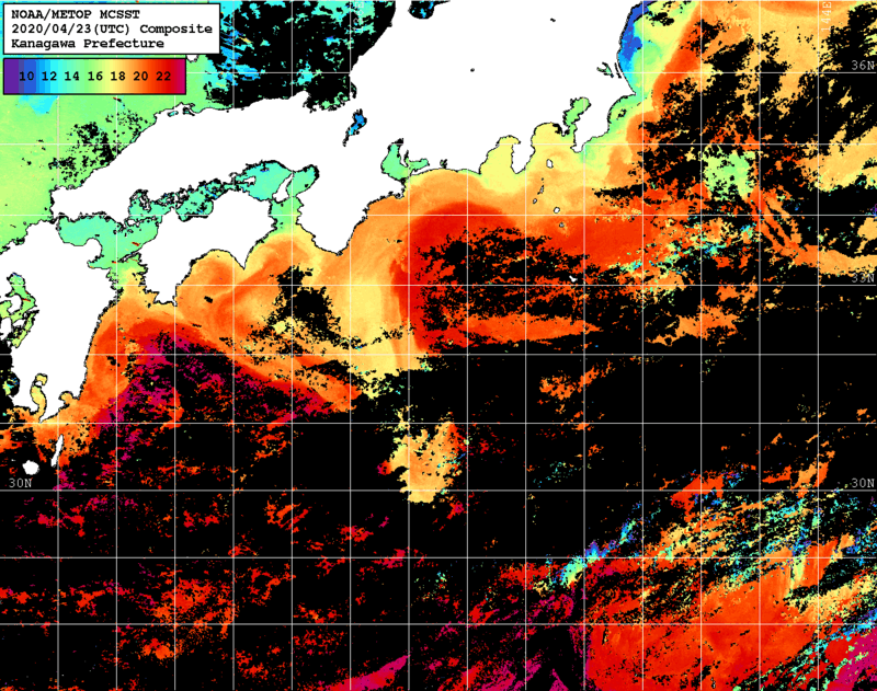NOAA、MetOp 人工衛星画像 検索結果, 水温分布を図示