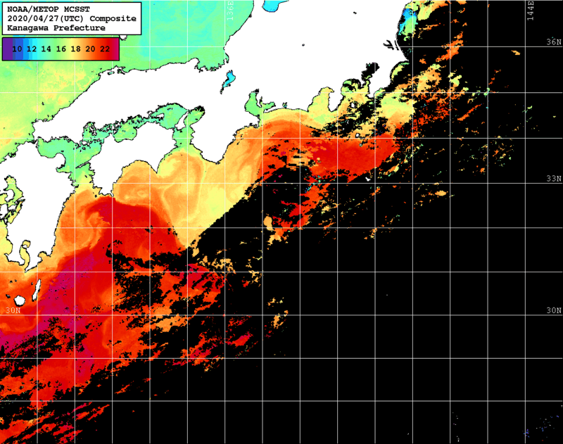 NOAA、MetOp 人工衛星画像 検索結果, 水温分布を図示