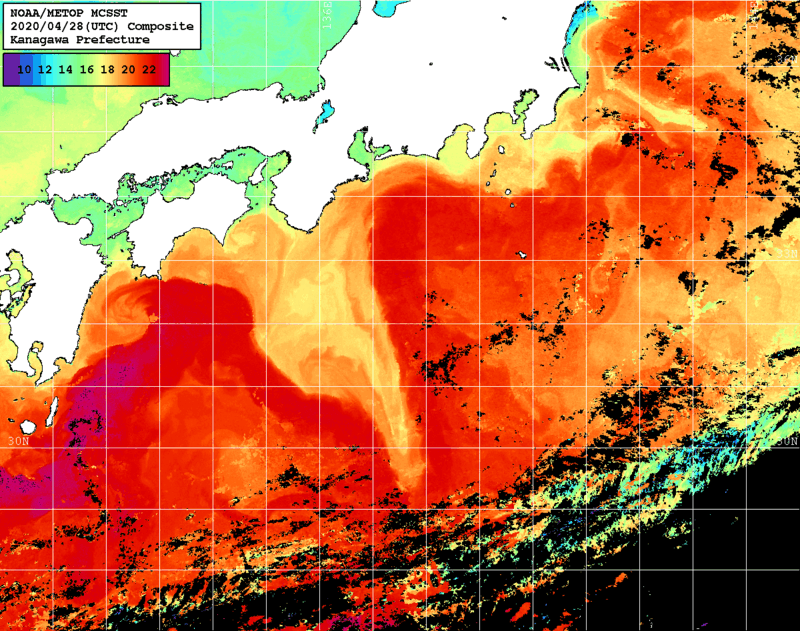 NOAA、MetOp 人工衛星画像 検索結果, 水温分布を図示
