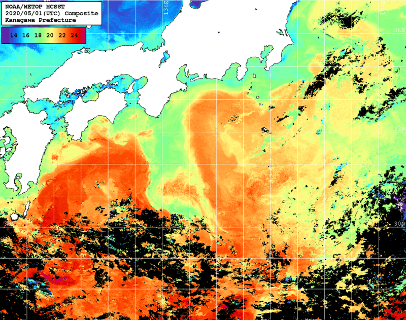 NOAA、MetOp 人工衛星画像 検索結果, 水温分布を図示