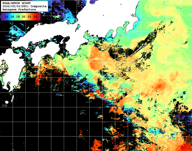 NOAA、MetOp 人工衛星画像 検索結果, 水温分布を図示