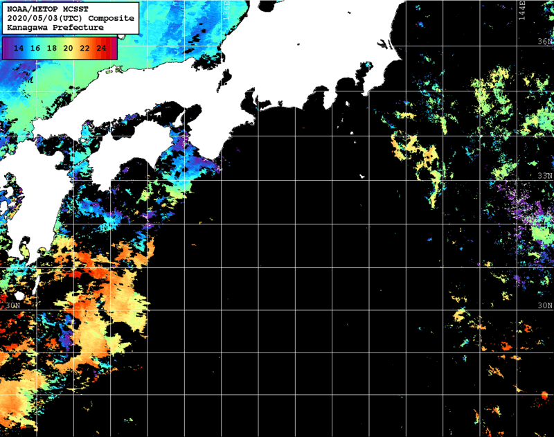 NOAA、MetOp 人工衛星画像 検索結果, 水温分布を図示