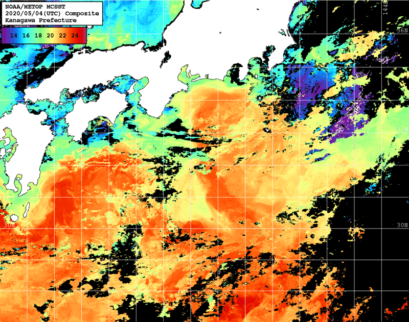 NOAA、MetOp 人工衛星画像 検索結果, 水温分布を図示