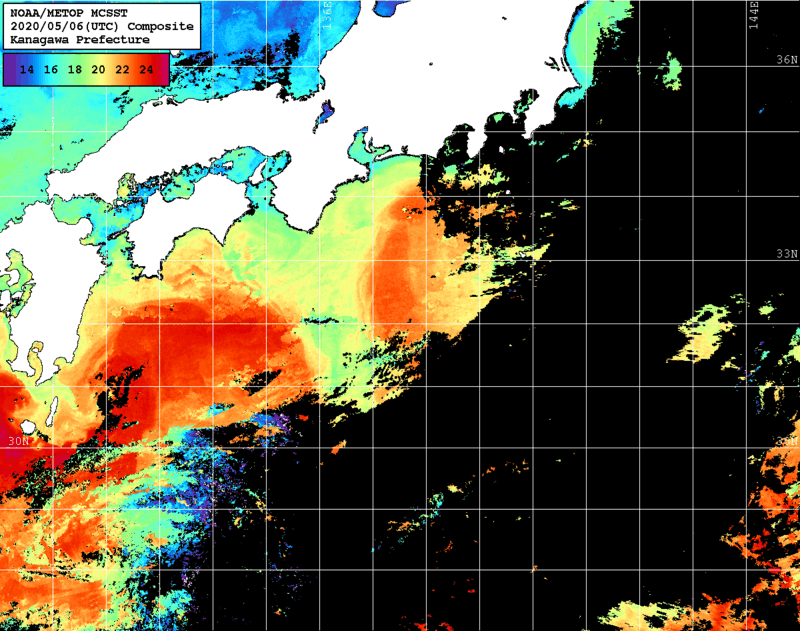 NOAA、MetOp 人工衛星画像 検索結果, 水温分布を図示