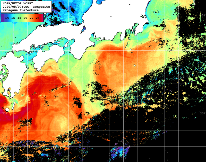 NOAA、MetOp 人工衛星画像 検索結果, 水温分布を図示