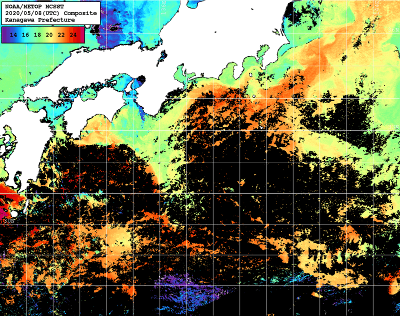 NOAA、MetOp 人工衛星画像 検索結果, 水温分布を図示