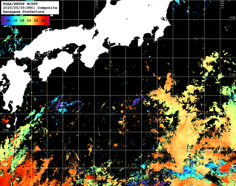 NOAA、MetOp 人工衛星画像 検索結果, 水温分布を図示