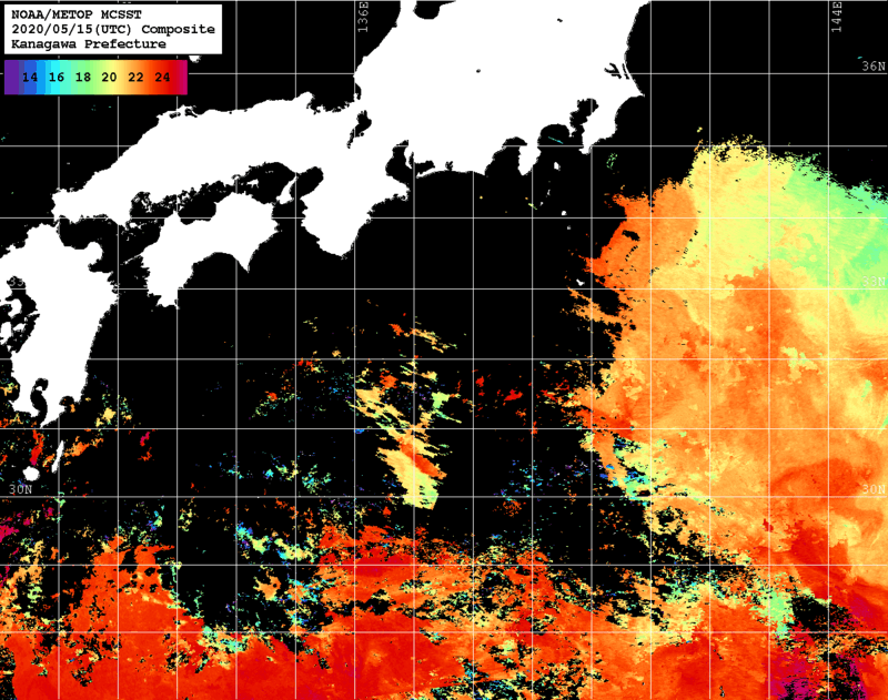 NOAA、MetOp 人工衛星画像 検索結果, 水温分布を図示