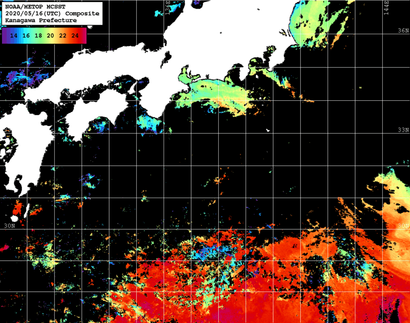 NOAA、MetOp 人工衛星画像 検索結果, 水温分布を図示