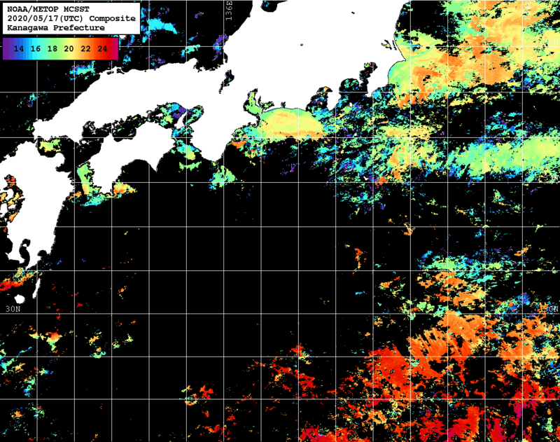 NOAA、MetOp 人工衛星画像 検索結果, 水温分布を図示