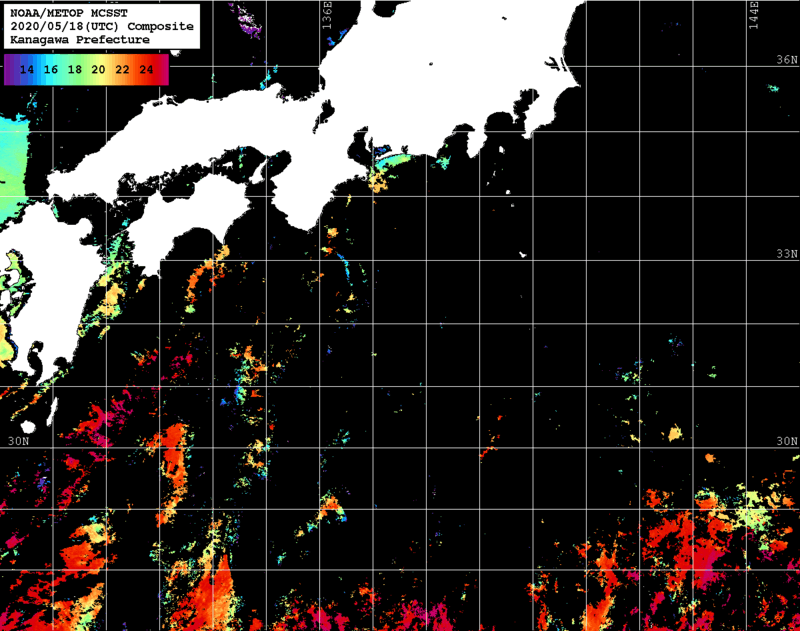 NOAA、MetOp 人工衛星画像 検索結果, 水温分布を図示