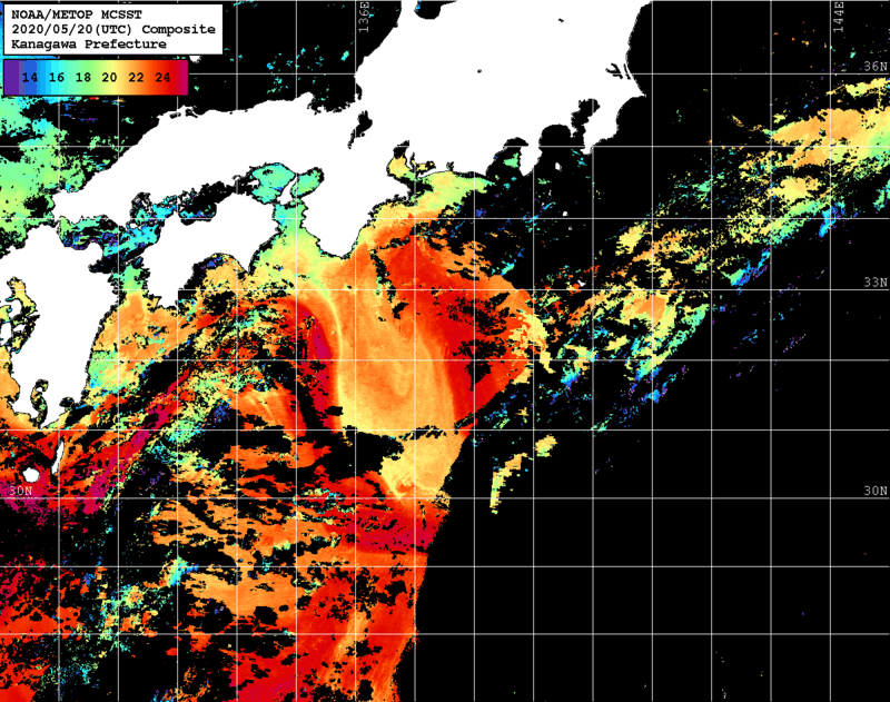 NOAA、MetOp 人工衛星画像 検索結果, 水温分布を図示