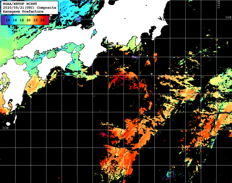 NOAA、MetOp 人工衛星画像 検索結果, 水温分布を図示
