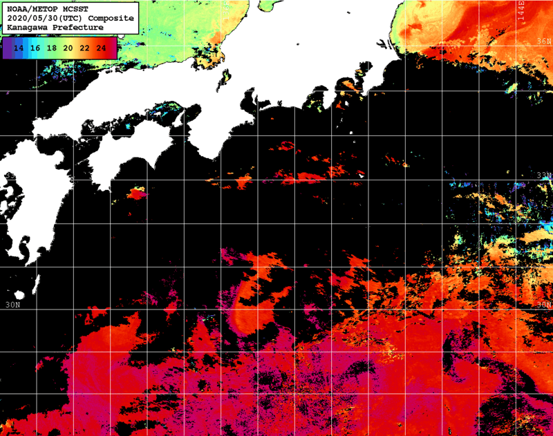 NOAA、MetOp 人工衛星画像 検索結果, 水温分布を図示