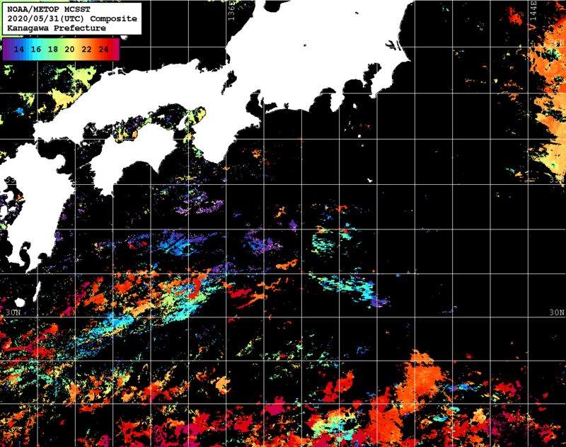 NOAA、MetOp 人工衛星画像 検索結果, 水温分布を図示