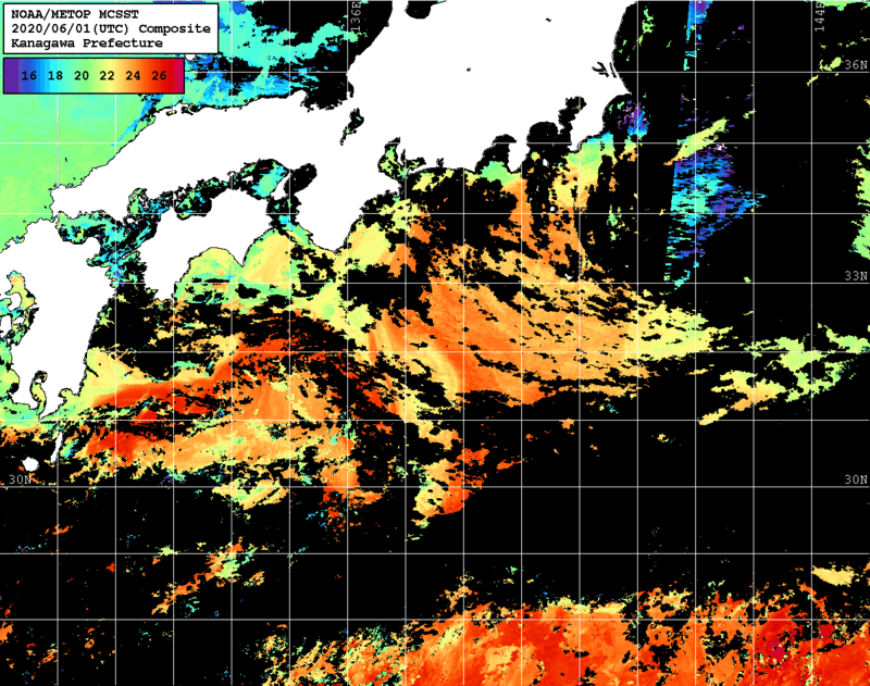 NOAA、MetOp 人工衛星画像 検索結果, 水温分布を図示