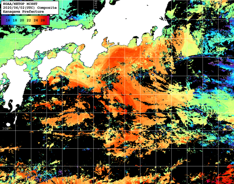 NOAA、MetOp 人工衛星画像 検索結果, 水温分布を図示