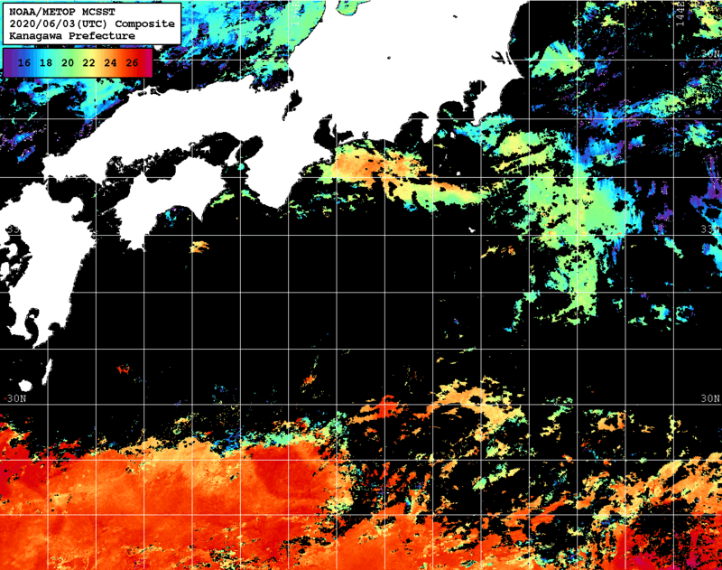 NOAA、MetOp 人工衛星画像 検索結果, 水温分布を図示