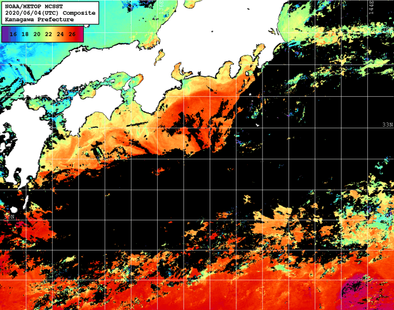 NOAA、MetOp 人工衛星画像 検索結果, 水温分布を図示