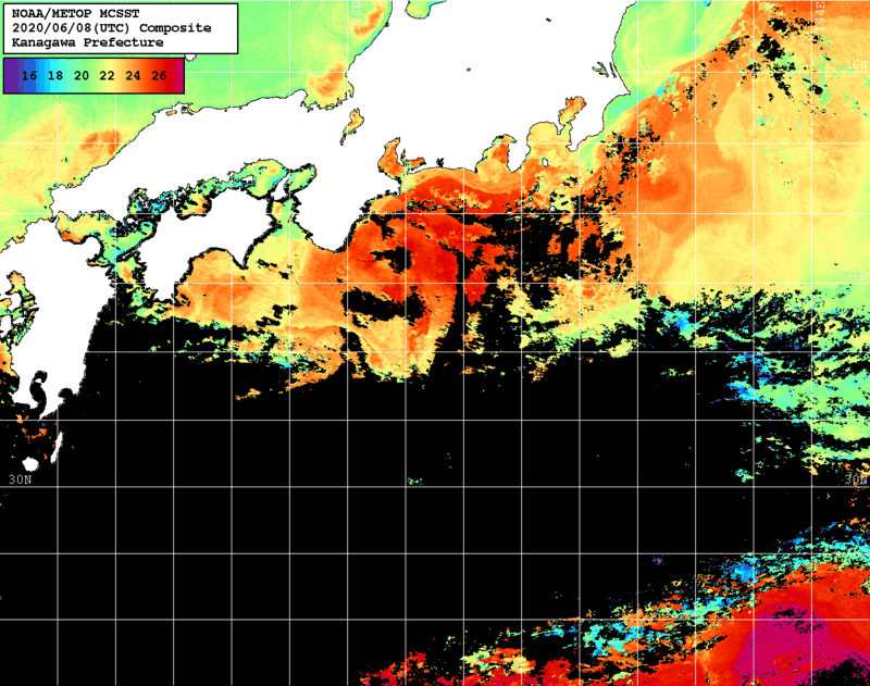 NOAA、MetOp 人工衛星画像 検索結果, 水温分布を図示