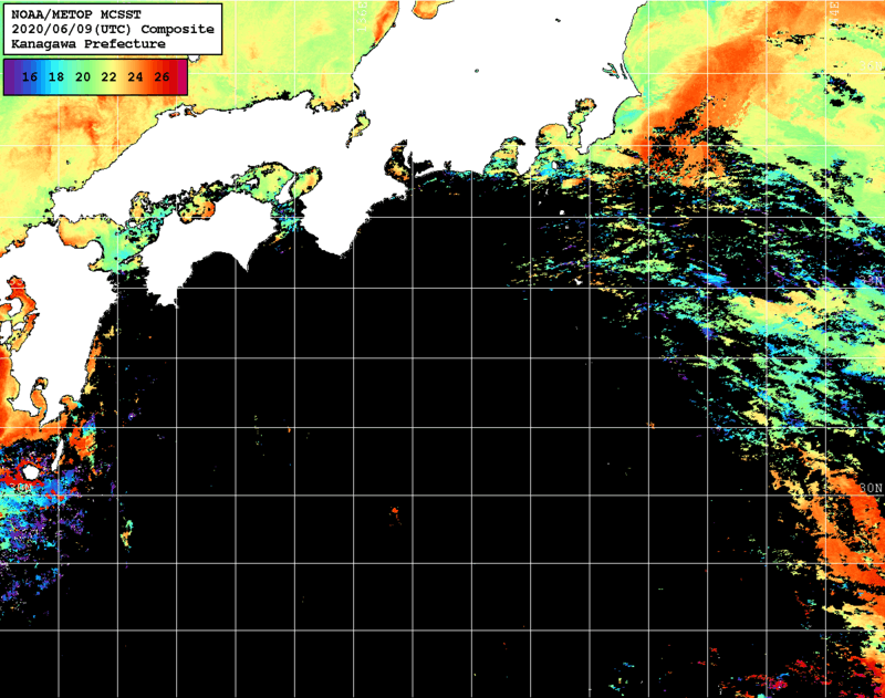 NOAA、MetOp 人工衛星画像 検索結果, 水温分布を図示