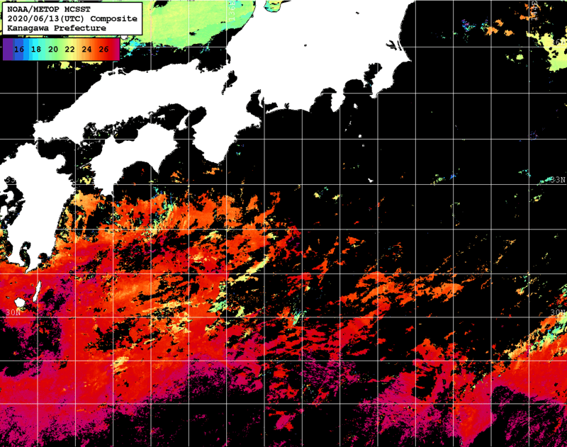 NOAA、MetOp 人工衛星画像 検索結果, 水温分布を図示