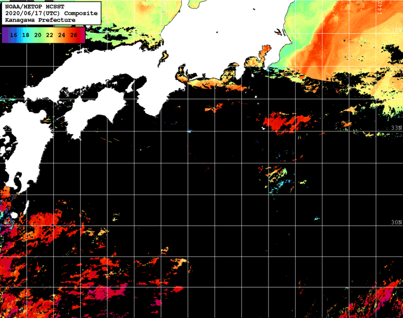 NOAA、MetOp 人工衛星画像 検索結果, 水温分布を図示