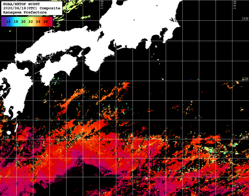 NOAA、MetOp 人工衛星画像 検索結果, 水温分布を図示