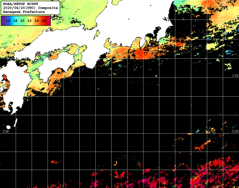 NOAA、MetOp 人工衛星画像 検索結果, 水温分布を図示