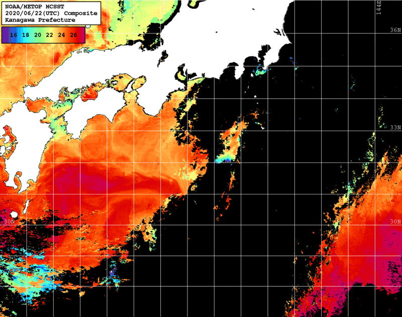 NOAA、MetOp 人工衛星画像 検索結果, 水温分布を図示