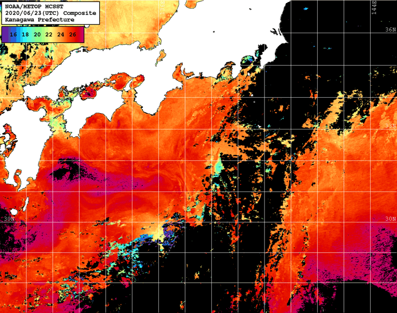 NOAA、MetOp 人工衛星画像 検索結果, 水温分布を図示