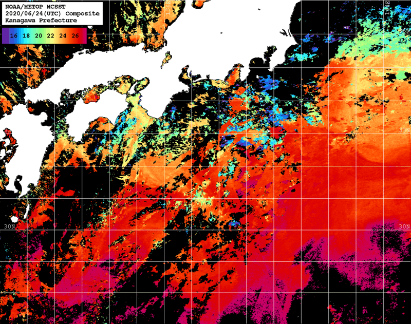 NOAA、MetOp 人工衛星画像 検索結果, 水温分布を図示
