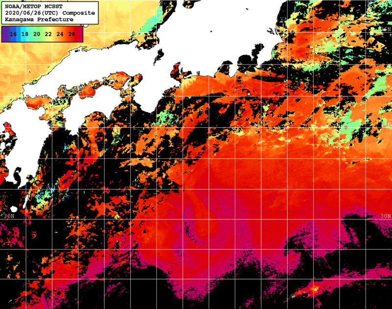 NOAA、MetOp 人工衛星画像 検索結果, 水温分布を図示