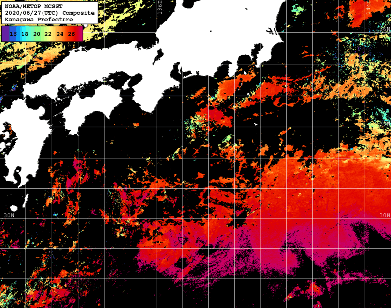 NOAA、MetOp 人工衛星画像 検索結果, 水温分布を図示